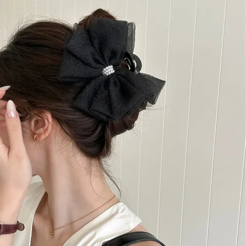 Korean Style Large Mesh Bow Hair Claw Elegant Artificial Pearl Volumizing Shark Clip High-end Sweet Mesh Bow Hairpin For Women