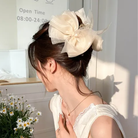 Korean Style Oversized Mesh Bow Hair Claw Clip Volumizing Organza Shark Clip Sweet Hair Accessories For Women Daily Styling