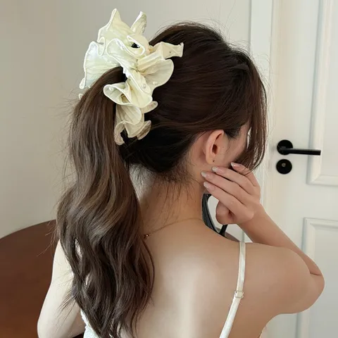 French Vintage Satin Fabric Ruffled Banana Clip Elegant Artificial Pearl Ponytail Holder Hair Clip For Women Decor