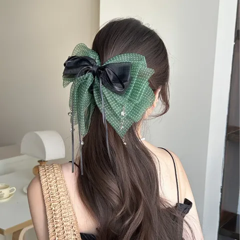 Pinza para el Cabello de Organza Vintage Francés con Lunares y Lazo Colgante Cinta Pinza de Tiburón Grande Accesorios
