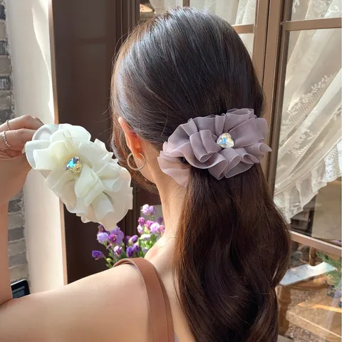 Korean Style Ruffled Bow Banana Clip For Women Elegant Chiffon Heart Rhinestone Hair Clip Vertical Ponytail Holder Accessories