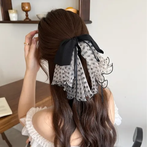 French Elegant Mesh Bow Hair Clip With Pendant Bead Polka Dot Floral Leopard Print Ponytail Clip For Women Hair Accessories
