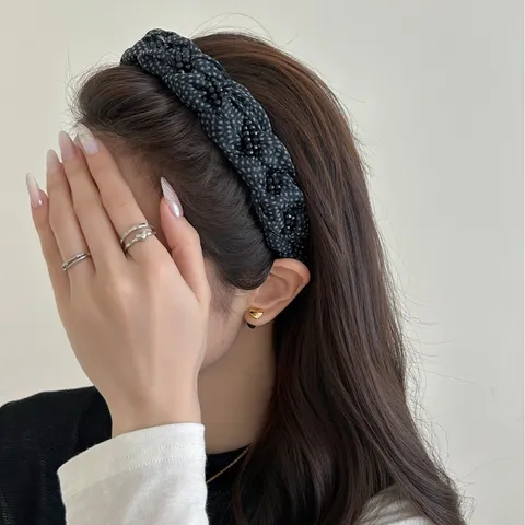 Korean Style Braided Polka Dot Leopard Headband For Women Elegant Mesh Beaded Hairband High Top Padded Hair Accessory
