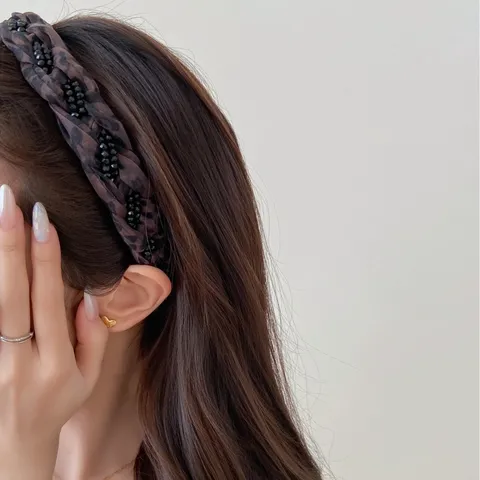 Korean Style Braided Polka Dot Leopard Headband For Women Elegant Mesh Beaded Hairband High Top Padded Hair Accessory