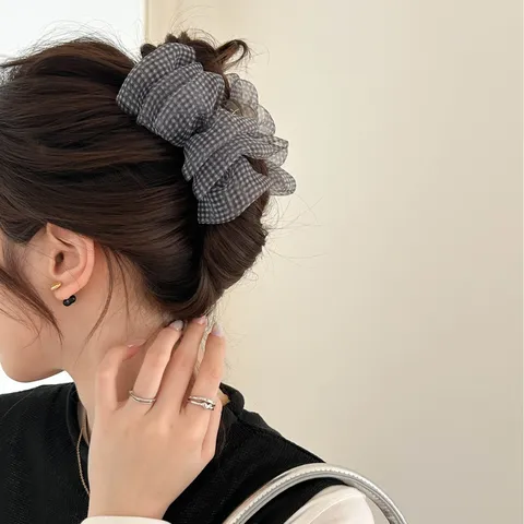 Grande Pince à Cheveux en Gaze à Bulles Écossais Coréenne Élégant Nœud en Maille Clip Requin Accessoires de Coiffure pour Femmes Quotidien