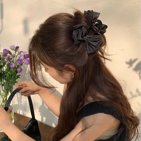 French Vintage Satin Bow Hair Claw Clip With Rhinestones Elegant Black Off White Fabric Shark Clip For Women Girls Hair Accessories