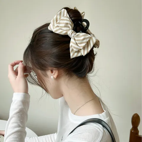 Pinza para el Cabello con Lazo a Rayas para Mujer Estilo Sea Salt Horquilla de Mariposa de Tela Pinza de Garra Grande