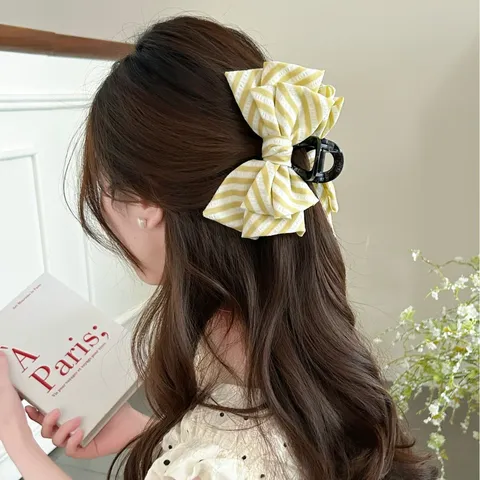 Pinza para el Cabello con Lazo a Rayas para Mujer Estilo Sea Salt Horquilla de Mariposa de Tela Pinza de Garra Grande