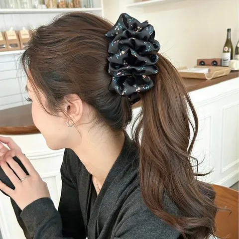 Elegant Polka Dot Floral Satin Bubble Banana Hair Clip Cloud Puffy Ponytail Holder Volumizing Hair Claw Accessory For Women