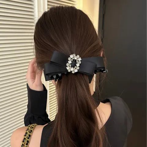 Elegant Black Satin Bow Banana Hair Clip With Square Rhinestone Buckle For Women Girls Elegant Ponytail Hair Accessory