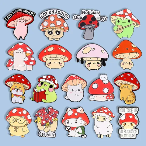 Cute Mushroom Cat Enamel Pin Set Cartoon Animal Mushroom Hat Badge Zinc Alloy Brooch Lapel Pins For Clothing Backpack Gift Women Men Unisex Jewelry