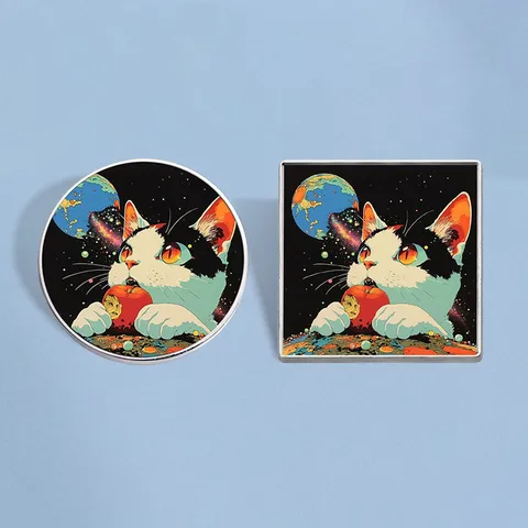 Space Cat Eating Apple Enamel Pin Zinc Alloy Cartoon Badge Brooch For Clothing Backpack Decoration Gift For Men Women