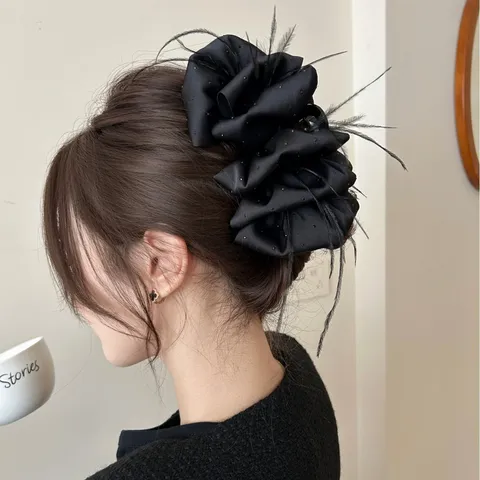 Large Satin Bow Hair Claw Clip For Women Black Starry Rhinestone Feather Shark Clip Elegant Retro Hair Accessory For Daily Wedding Party