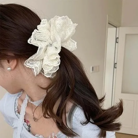 French Vintage Oversized Lace Hair Scrunchies Sweet Layered Floral Hair Ties Ruffled Ponytail Holder For Women Elegant Hair Accessories