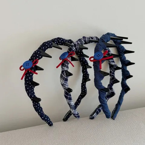 Korean Style Navy Blue Fabric Wavy Headband For Girls Non-Slip Tooth Comb Polka Dot Plaid Pattern Bow Knot Button Decor Fashion Hair Band