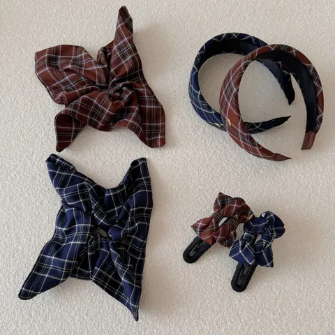 Plaid Hair Accessories Set For Women Preppy Style Vintage Wide Headband Bow Knot Scrunchie Hair Clip Set Red Blue Plaid Fabric Headwear