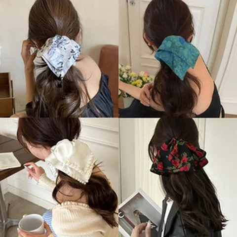 Elastico per Capelli Grande a Sciarpa Stile Francese Stampa Floreale a Pois Fiocco con Perle Eleganti Elastici per Capelli Donna