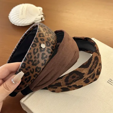 Vintage Leopardenmuster Breites Stirnband Für Damen Hoher Scheitel Verdicktes Haarband Retro Braun Samt PU-Leder Haarschmuck