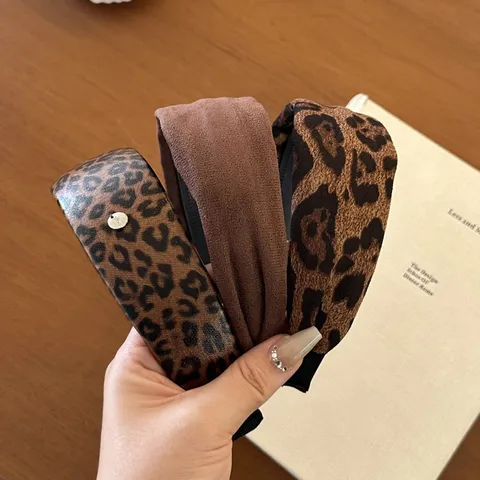 Vintage Leopardenmuster Breites Stirnband Für Damen Hoher Scheitel Verdicktes Haarband Retro Braun Samt PU-Leder Haarschmuck