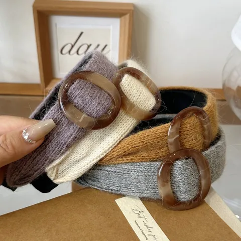 Korean Style Knitted Yarn Wide Headband Women Autumn Winter High Crown Hair Hoop With Amber Resin Ring Hair Accessories