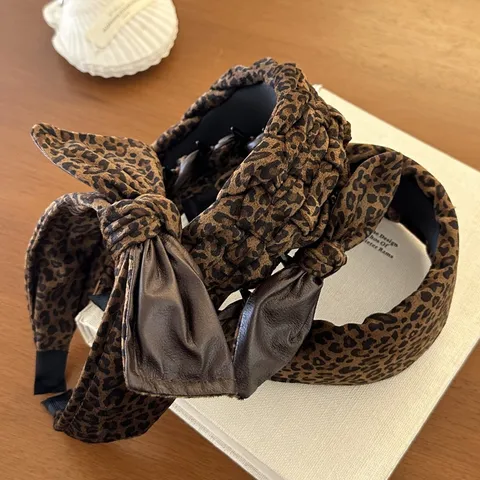 Vintage Leopard Print Velvet Headband For Women Braided Sponge Padded Hair Band Autumn Winter Fashion Bow Hair Accessories