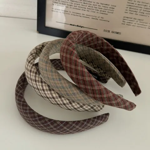 Serre-tête Plaid Rayé Rétro pour Femmes Bandeau en Tissu Vintage Sommet Cranial Haut Rembourré Accessoires de Cheveux Élégants