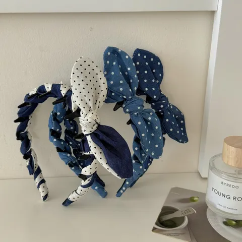 Korean Style Denim Polka Dot Bow Headband For Women Handmade Rabbit Ear Hair Band With Hair Clips Fashion Hair Accessories