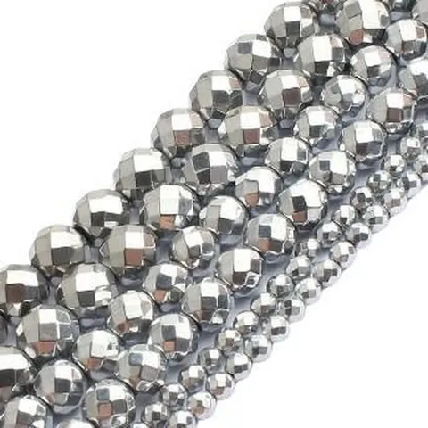 Electroplated Silver Hematite Round Faceted Loose Beads DIY Half-Finished Bracelet Jewelry Making Accessories