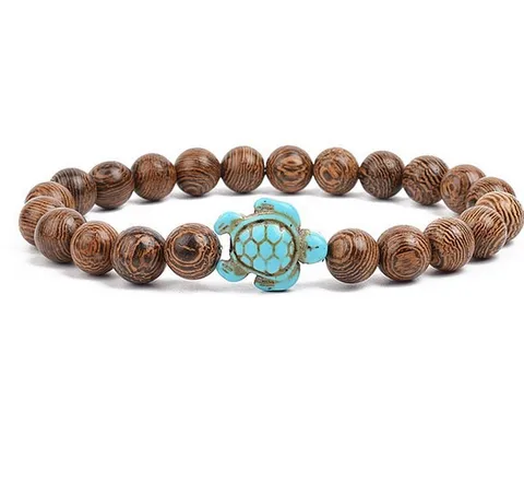 Natural Stone Beaded Bracelet With Turtle Pendant Tiger Eye Flash Stone Gemstone Stretch Jewelry For Men Women