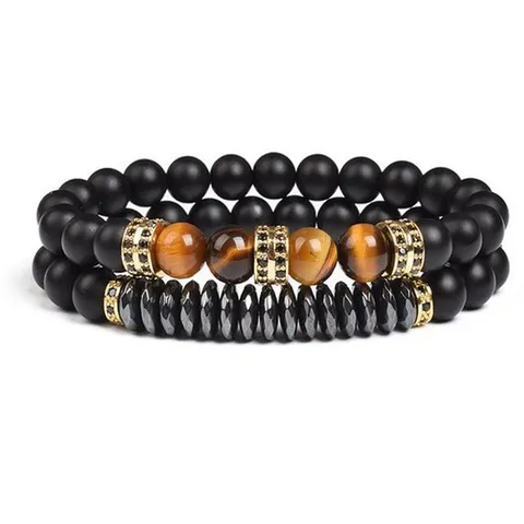 Tiger Eye Faceted Hematite Rhinestone Beaded Double Layer Bracelets Fashion Jewelry For Women Men