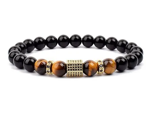 Natural Tiger Eye Stone Beaded Bracelet Micro Inlaid Rhinestone Spacers Elastic Unisex Fashion Jewelry Gift