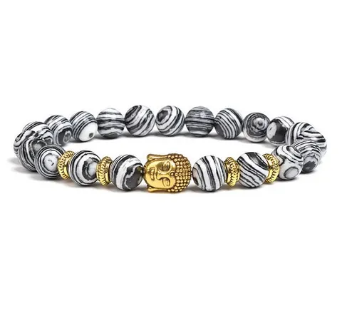 Natural Stone Beaded Bracelet Buddha Head Metal Spacer Unisex Vintage Yoga Prayer Jewelry Gift for Men Women
