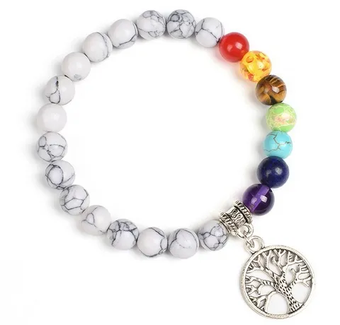 Natural Stone Beaded Bracelet With Tree Of Life Pendant Healing Chakra Gemstone Elastic Jewelry For Women Men