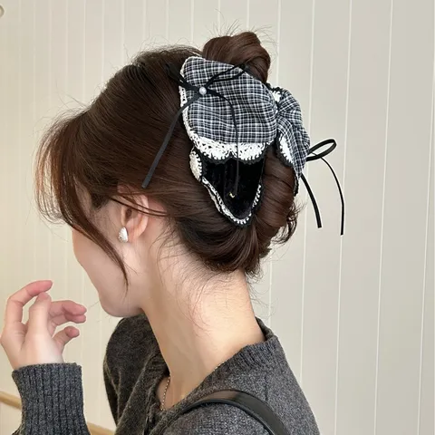 Korean Style Black White Gingham Hair Claw Clip And Scrunchie Set Lace Velvet Bow Hair Tie Artificial Pearl Hair Clip