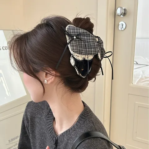 Korean Style Black White Gingham Hair Claw Clip And Scrunchie Set Lace Velvet Bow Hair Tie Artificial Pearl Hair Clip