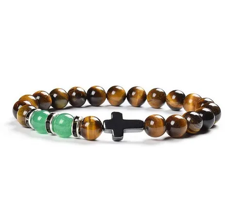 Natural Stone Tiger Eye Cross Beaded Bracelet Unisex Gemstone Chalcedony Stretch Charm Fashion Jewelry Gift