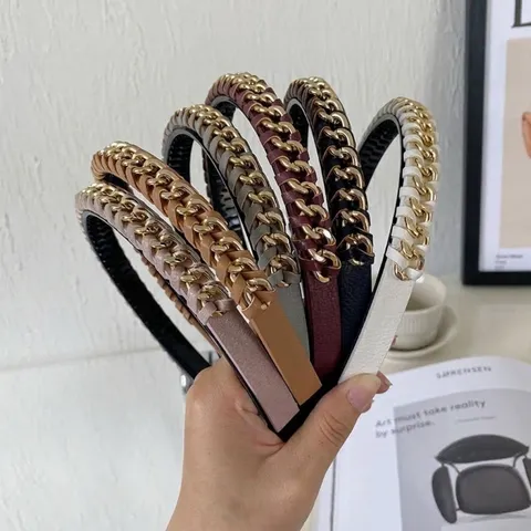 European American Fashion Alloy Chain Wrapped PU Leather Headband For Women Thin Braided Hair Band Retro Styling Hair Accessories