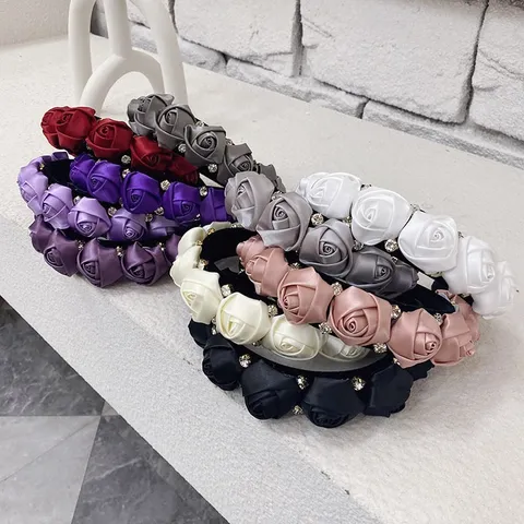 Korean 3D Satin Rose Wide Headband With Rhinestones Elegant Flower Hair Hoop For Women Party Wedding Hair Accessories