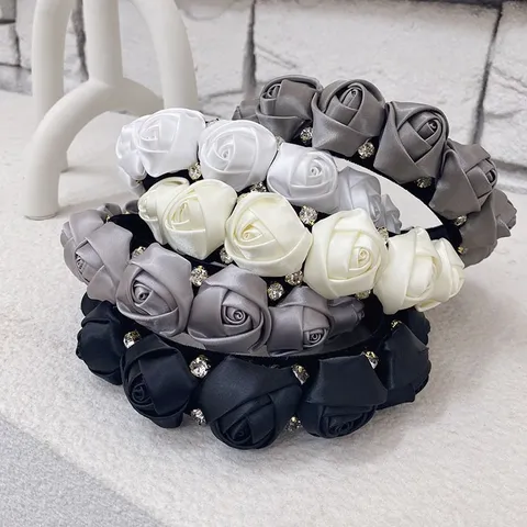 Korean 3D Satin Rose Wide Headband With Rhinestones Elegant Flower Hair Hoop For Women Party Wedding Hair Accessories