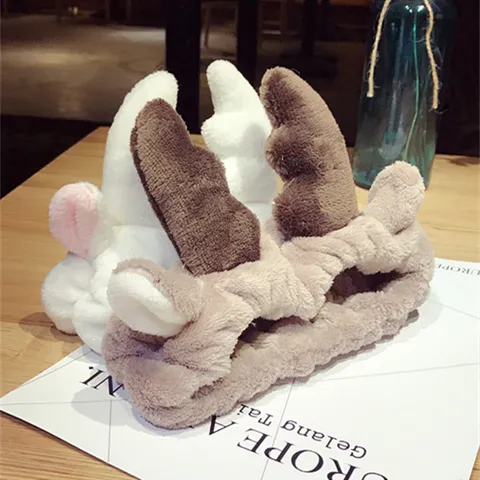 Cute Antler Plush Hair Band For Women Face Washing Makeup Soft Coral Fleece Elastic Headband For Spa Christmas Accessories