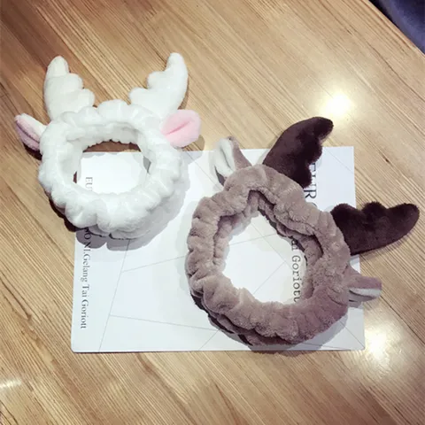 Cute Antler Plush Hair Band For Women Face Washing Makeup Soft Coral Fleece Elastic Headband For Spa Christmas Accessories