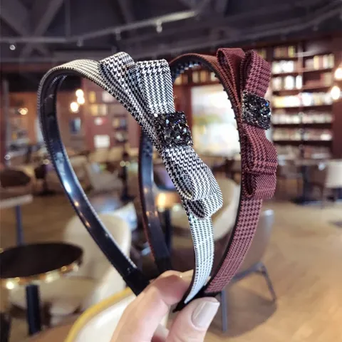 Diadema Mujer Estilo Coreano Cuadros Lazo Con Strass Dientes Antideslizantes Diadema de Tela Accesorios para el Cabello