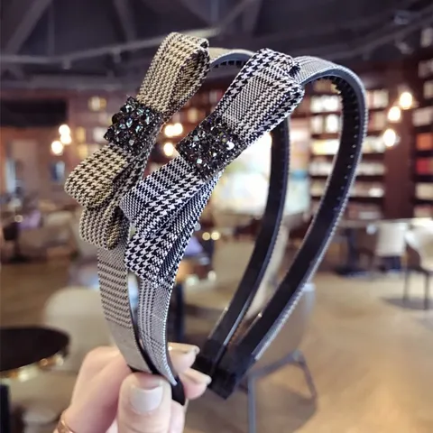 Diadema Mujer Estilo Coreano Cuadros Lazo Con Strass Dientes Antideslizantes Diadema de Tela Accesorios para el Cabello