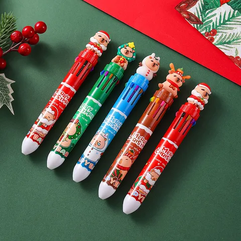 Christmas Cartoon Multicolor Ballpoint Pen With Capybara Reindeer Santa Claus Snowman Figurine Top Festive Writing Multi-Color Pen For Students Gift