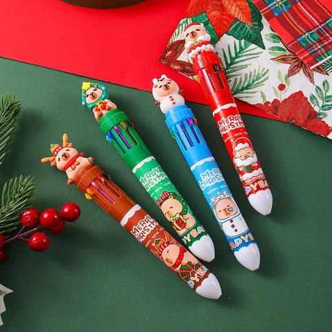 Christmas Cartoon Multicolor Ballpoint Pen With Capybara Reindeer Santa Claus Snowman Figurine Top Festive Writing Multi-Color Pen For Students Gift