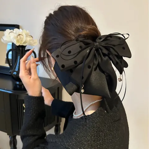 Pince à Cheveux Grand Nœud en Satin Style Français Vintage à Pois Léopard avec Ruban pour Femmes Accessoires Cheveux Élégants