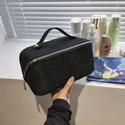 Große Kapazität Glitzer Kosmetiktasche PU Leder Glänzender Make-up Organizer Koffer Reise Toilettenartikel Waschtasche Für Damen Mode Handtasche Mit Reißverschluss