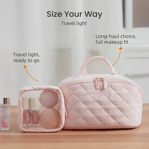 Portable Quilted Polyester Makeup Bag Set Large Capacity Travel Toiletry Organizer Handheld Cosmetic Pouch Case For Women Home Storage