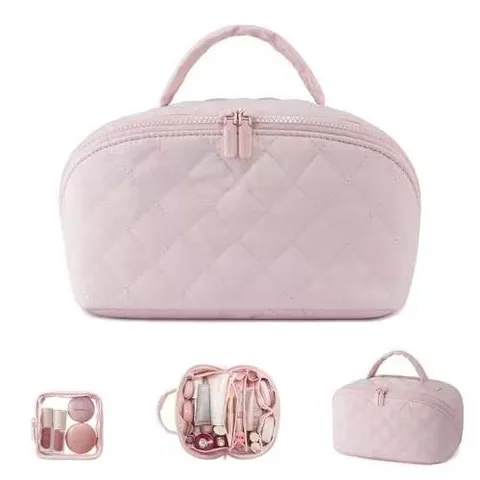 Portable Quilted Polyester Makeup Bag Set Large Capacity Travel Toiletry Organizer Handheld Cosmetic Pouch Case For Women Home Storage