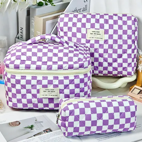 Large Capacity Korean Style Quilted Checkerboard Makeup Bag Women Quilted Toiletry Bag Grid Cosmetic Storage Organizer Travel Pouch Set